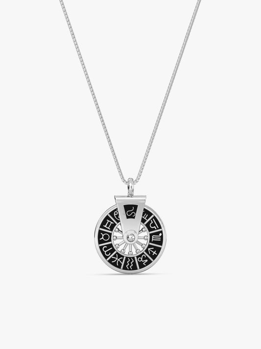 Oxidised Silver Zodiac Spin Pendant With Box Chain For Him