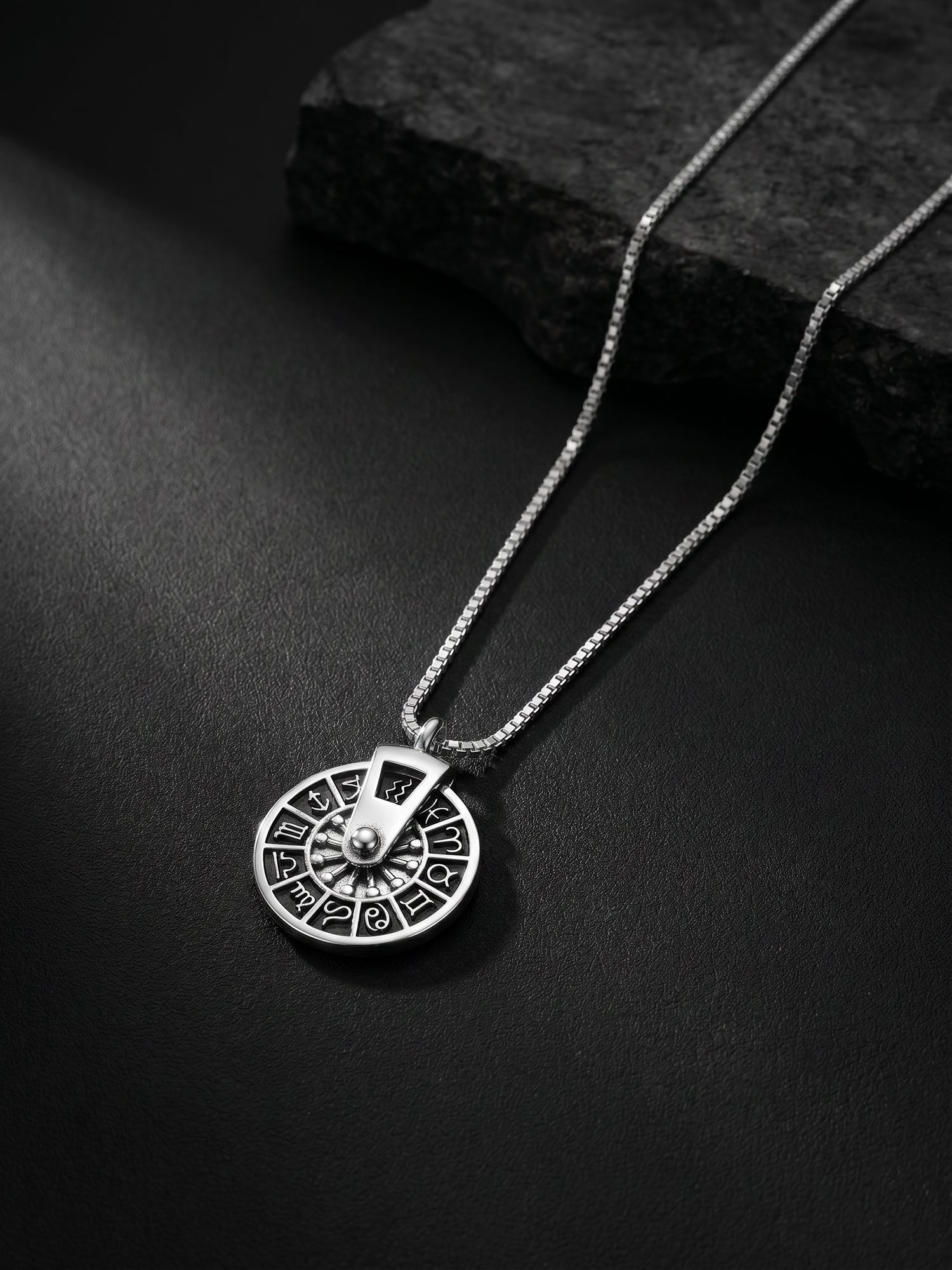 Oxidised Silver Zodiac Spin Pendant With Box Chain For Him