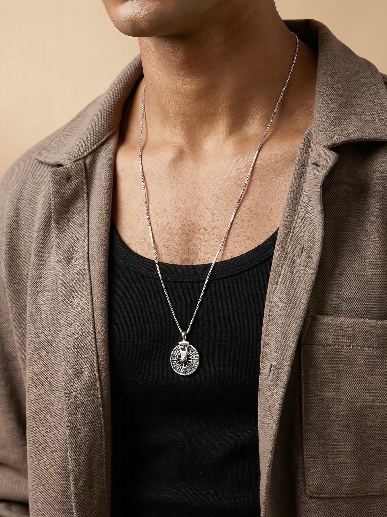 Oxidised Silver Zodiac Spin Pendant With Box Chain For Him