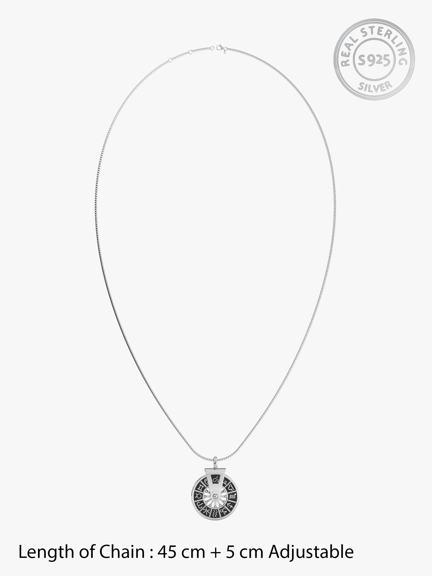 Oxidised Silver Zodiac Spin Pendant With Box Chain For Him