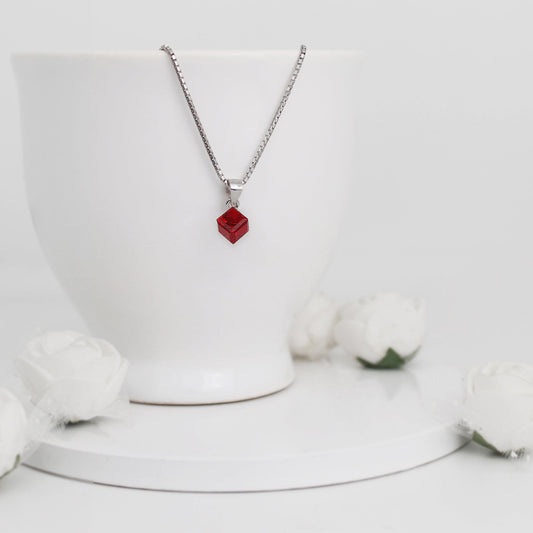 Silver Crimson Crystal Pendant with Box Chain