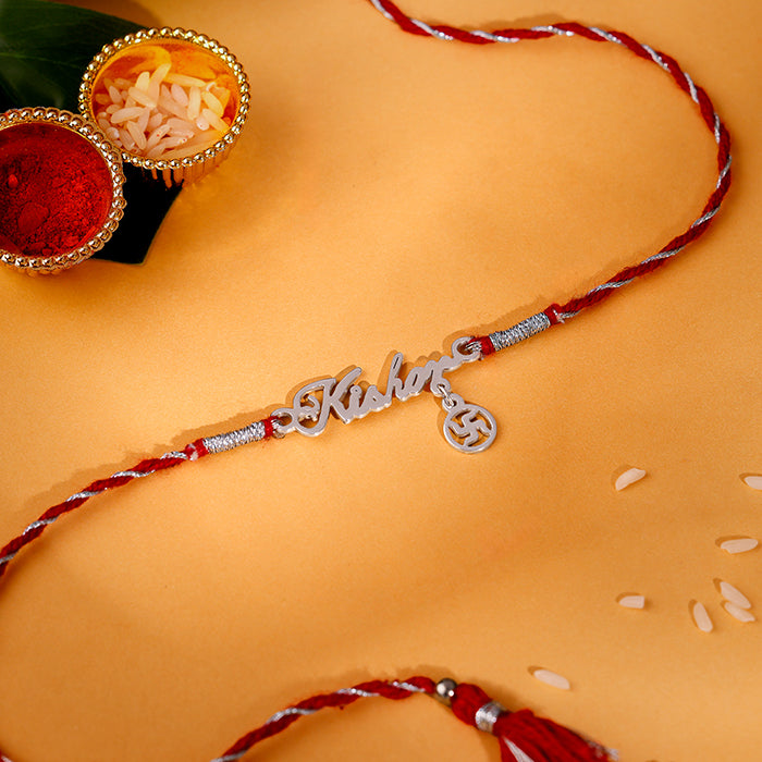 Silver Personalised Name Swastika Chakra Rakhi