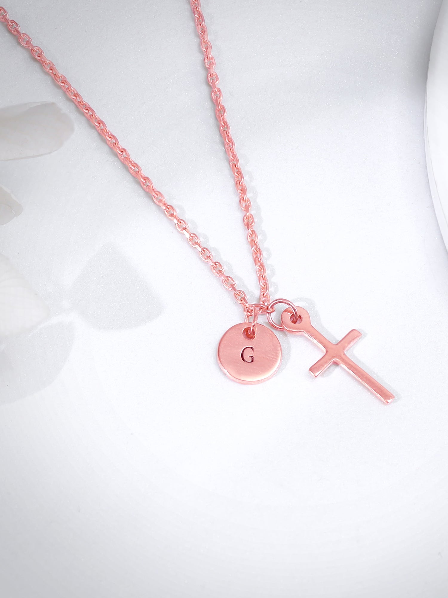 Rose Gold Personalised Halo Cross Pendant With Link Chain