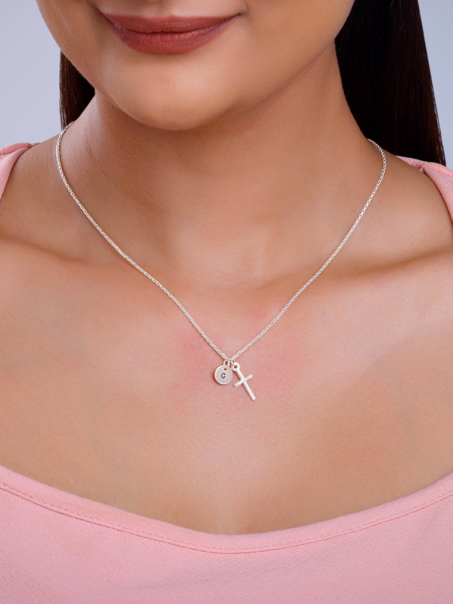 Silver Personalised Halo Cross Pendant With Link Chain