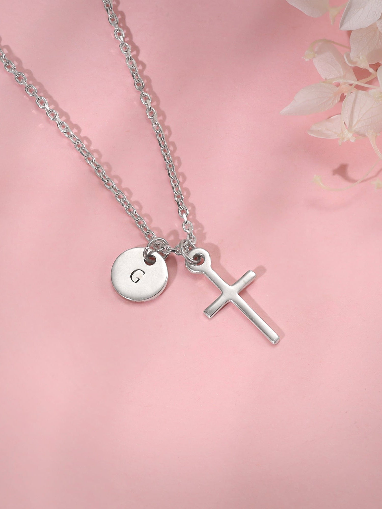 Silver Personalised Halo Cross Pendant With Link Chain