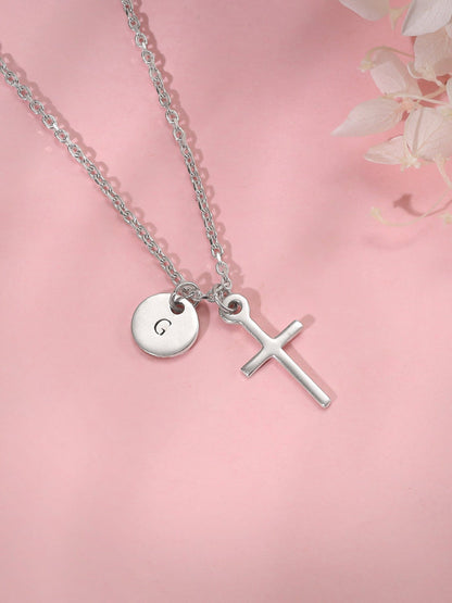 Silver Personalised Halo Cross Pendant With Link Chain