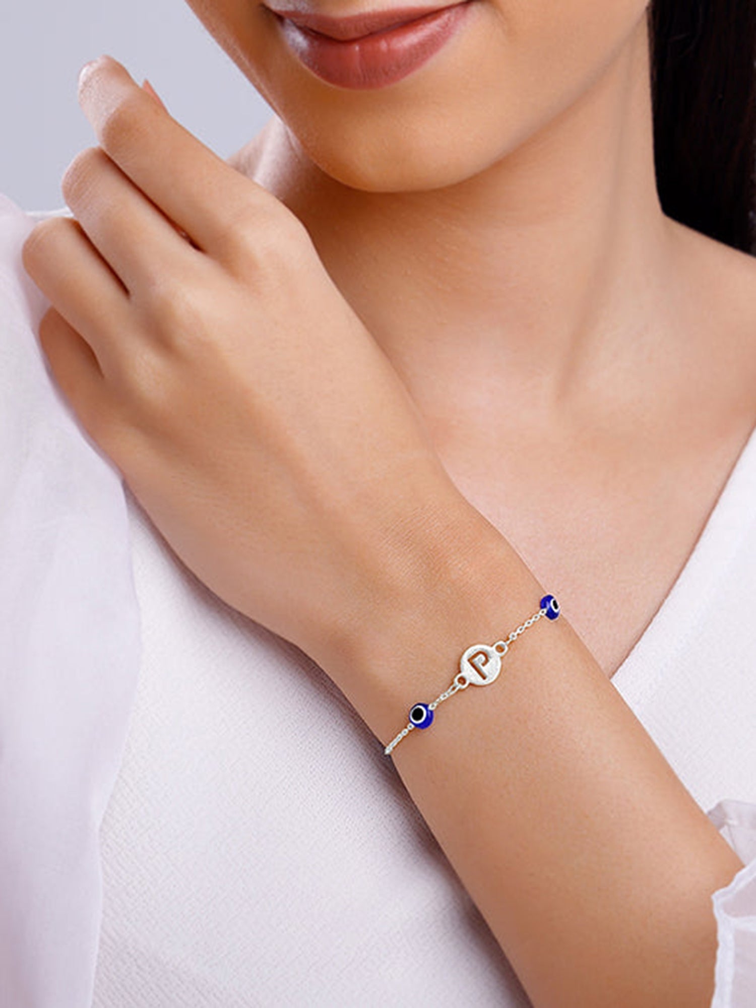 Silver Personalised Evil Eye Initial Bracelet