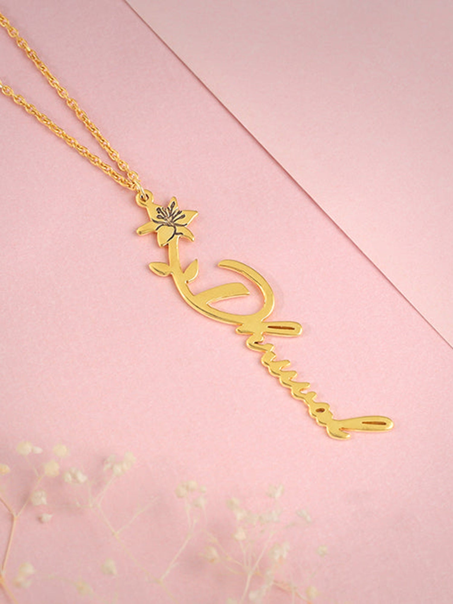 Golden Personalised Flower Name Pendant with Link Chain