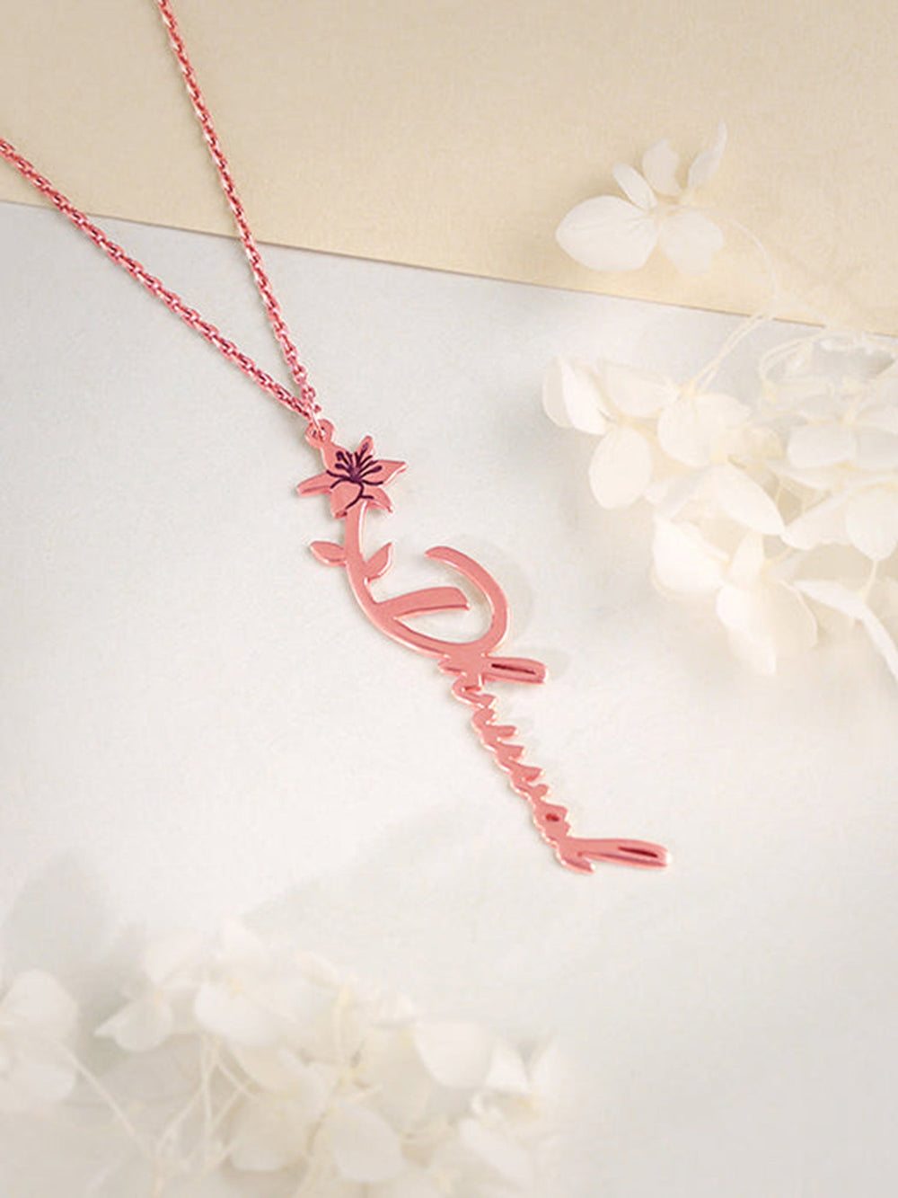 Rose Gold Personalised Flower Name Pendant with Link Chain