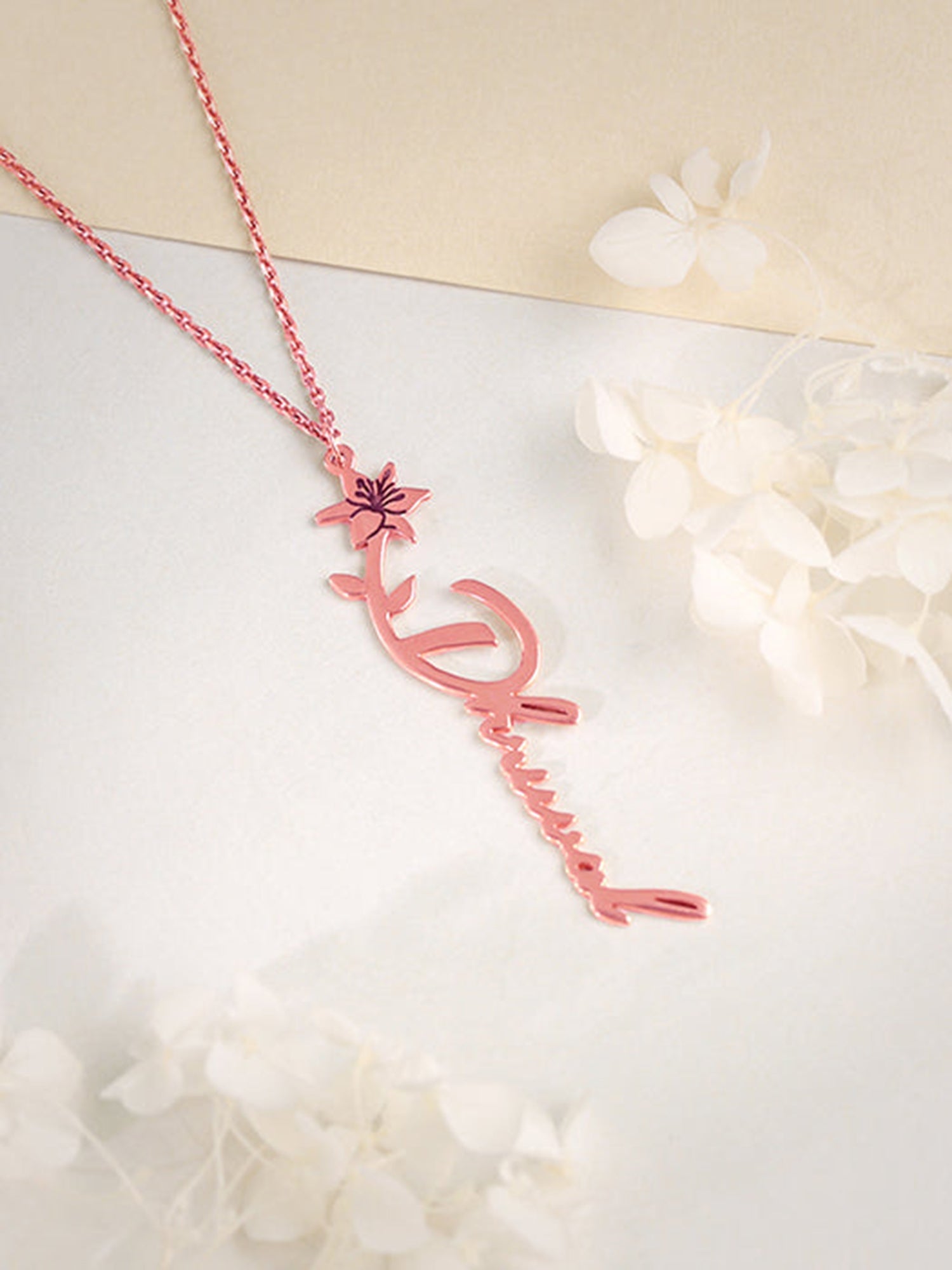 Rose Gold Personalised Flower Name Pendant with Link Chain