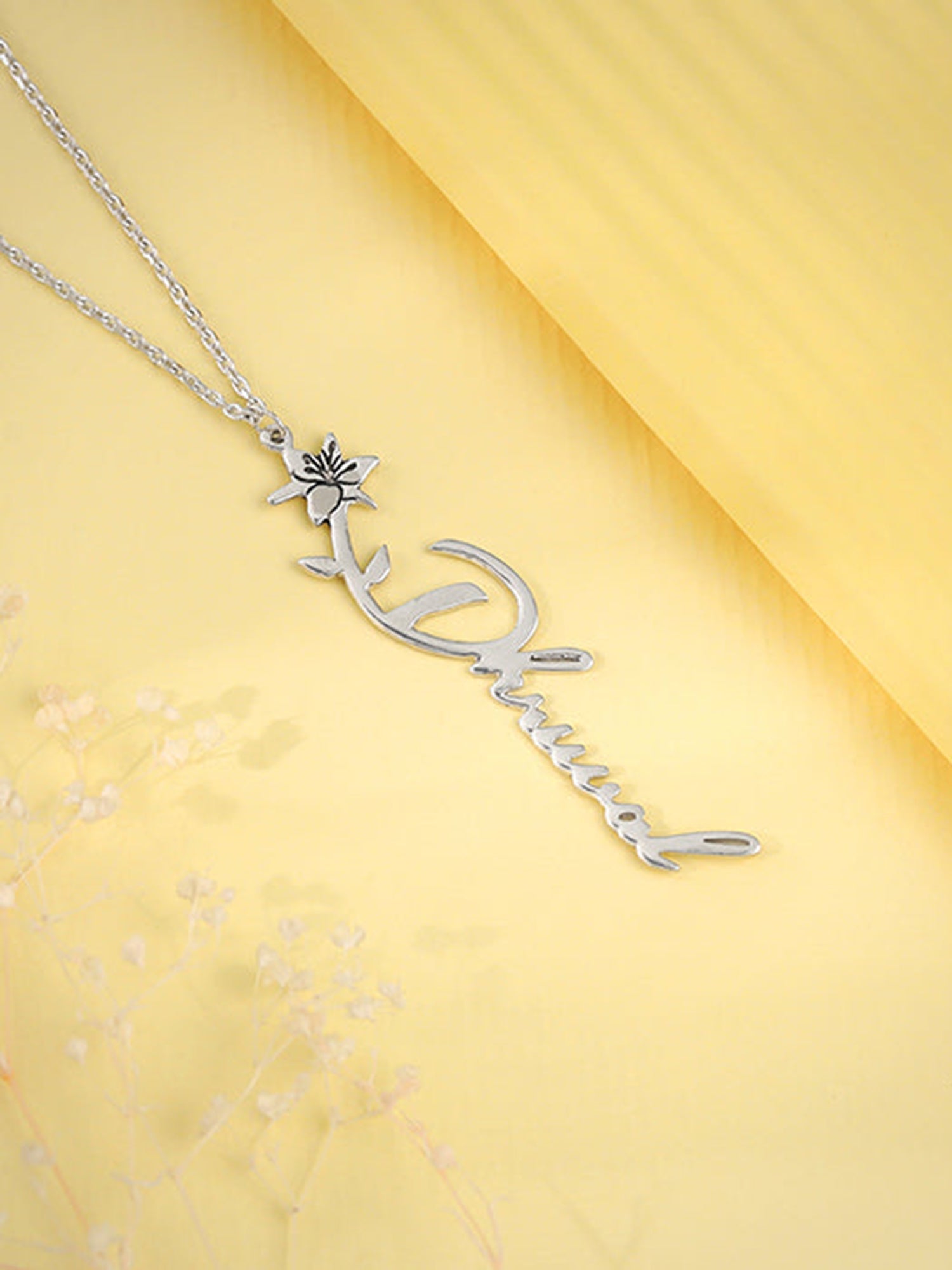 Silver Personalised Flower Name Pendant with Link Chain