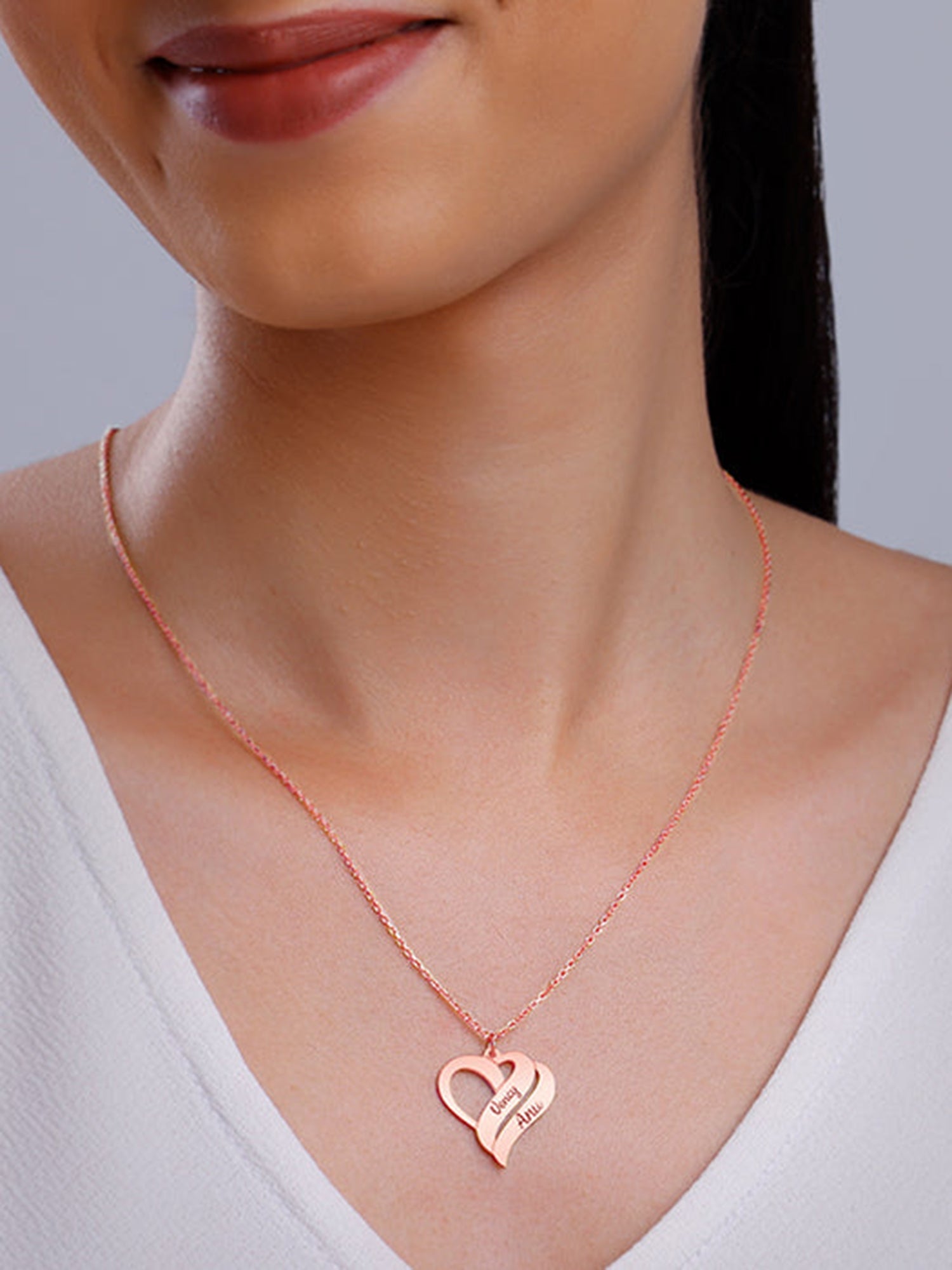 Rose Gold Personalised Name Heart Duo Pendant With Link Chain
