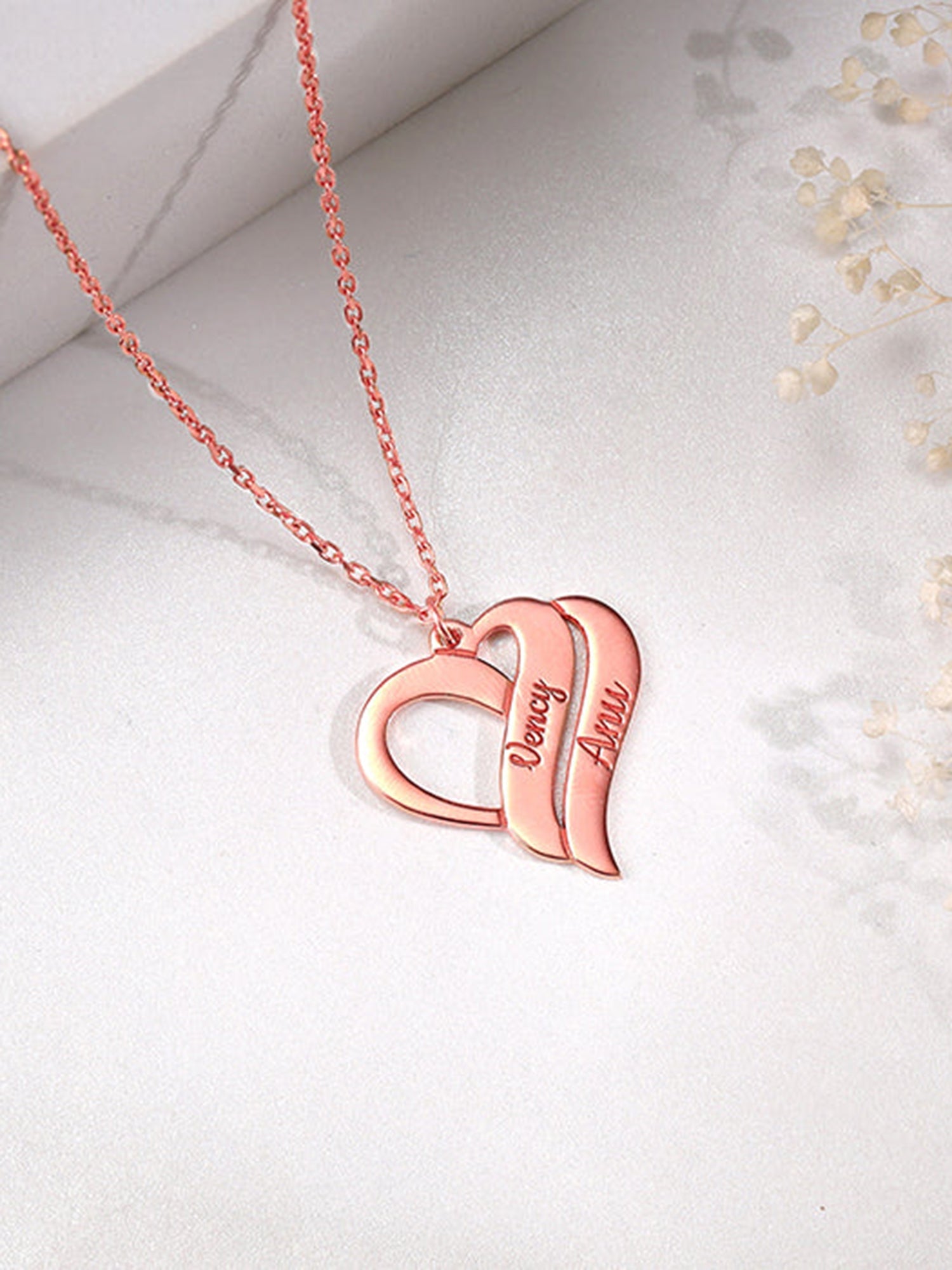 Rose Gold Personalised Name Heart Duo Pendant With Link Chain