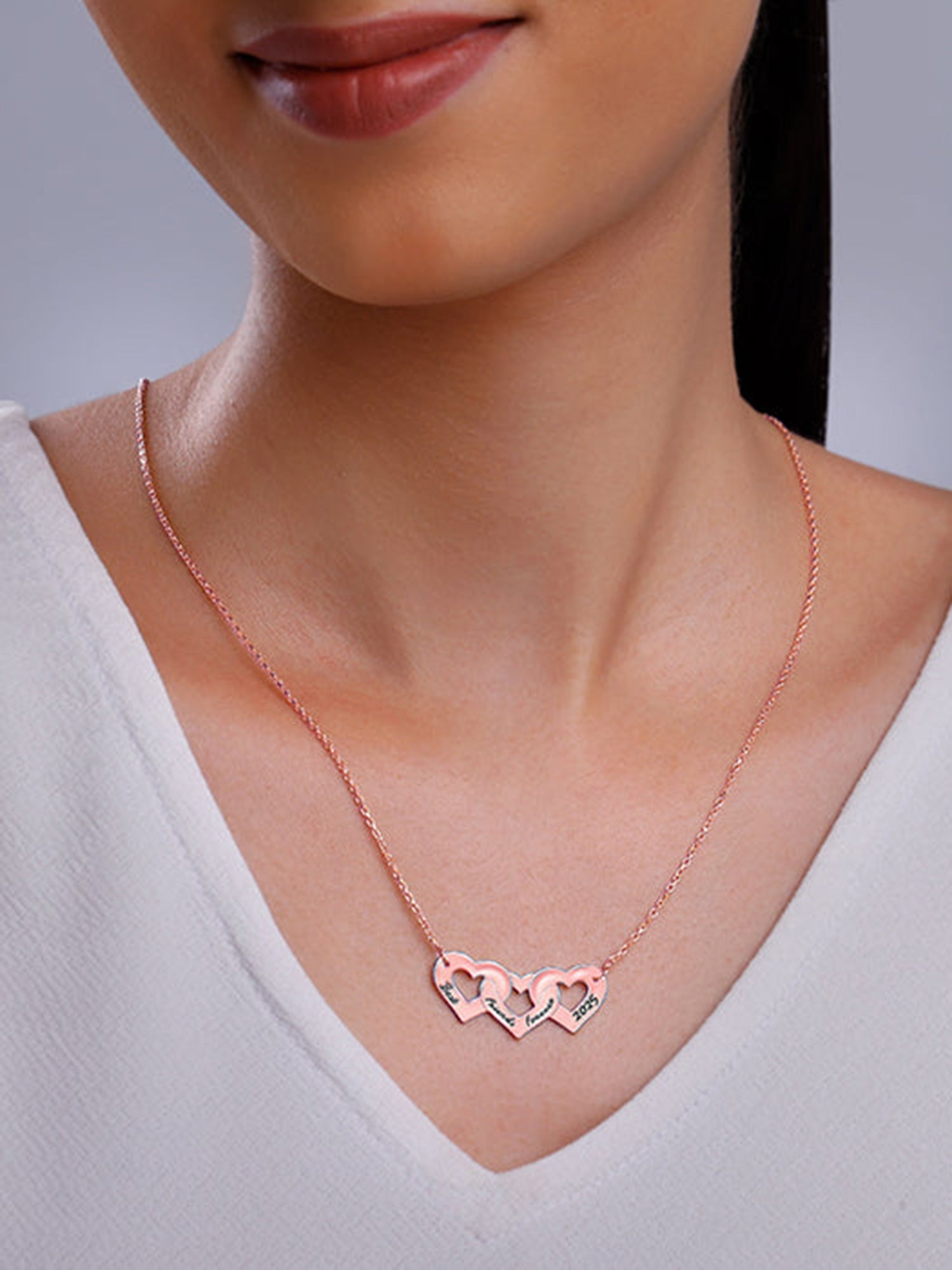 Rose Gold Personalised Triple Heart BFF Necklace