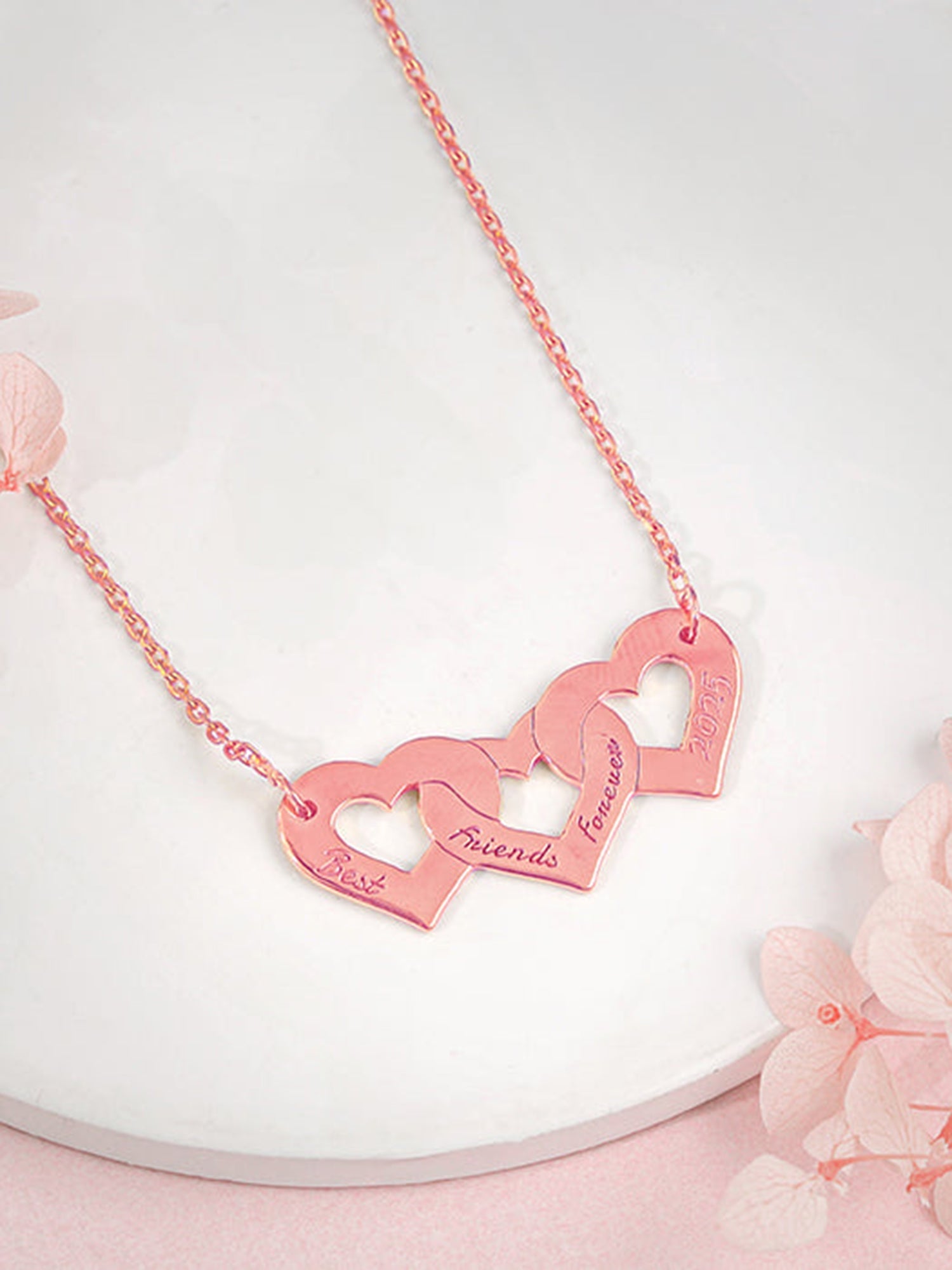 Rose Gold Personalised Triple Heart BFF Necklace