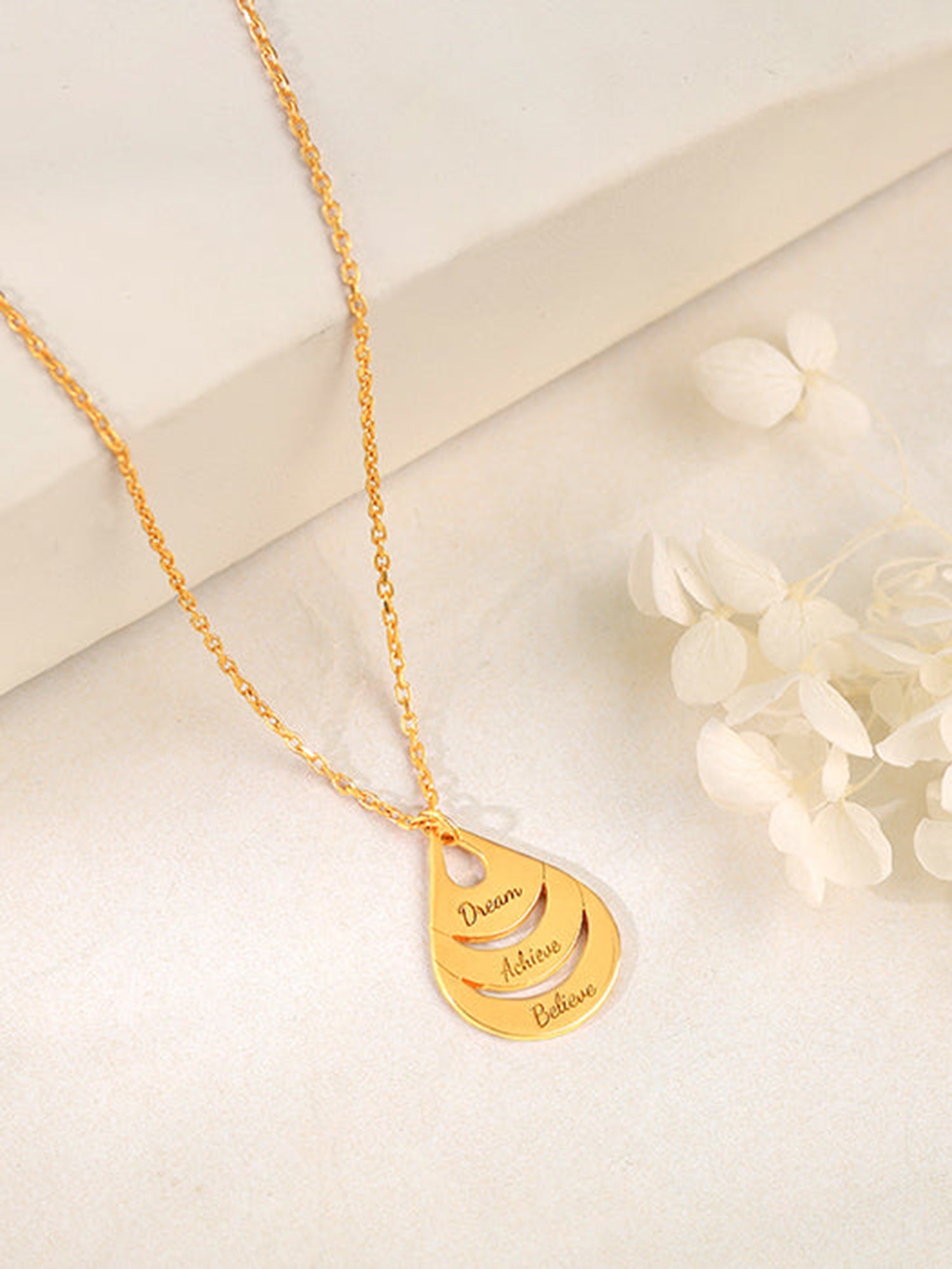 Golden Personalised Dreamy Teardrop Pendant With Link Chain