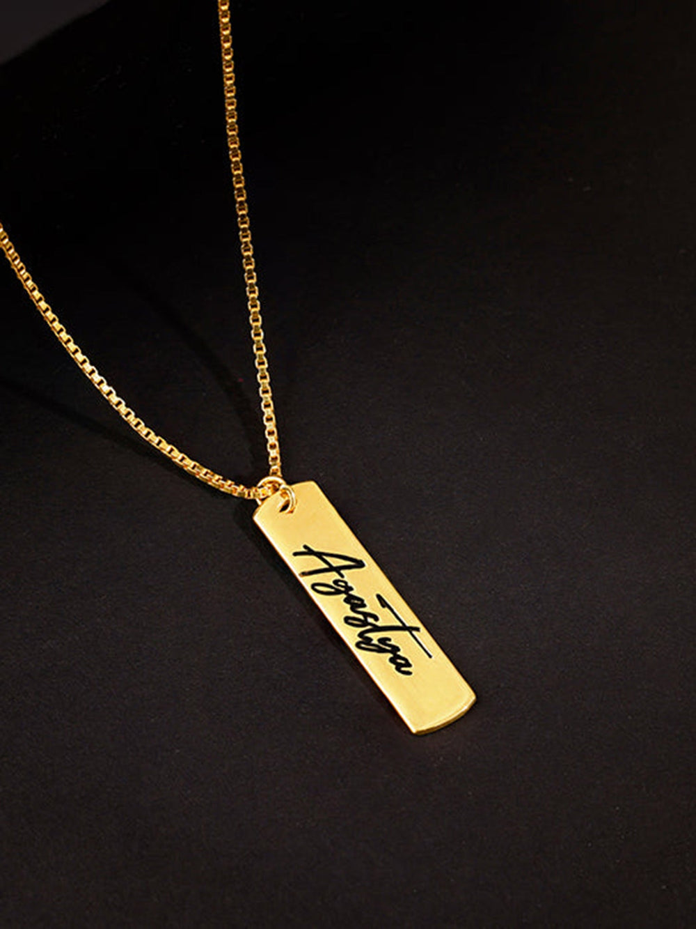 Golden Personalised Vertical Bar Name Pendant with Box Chain For Him