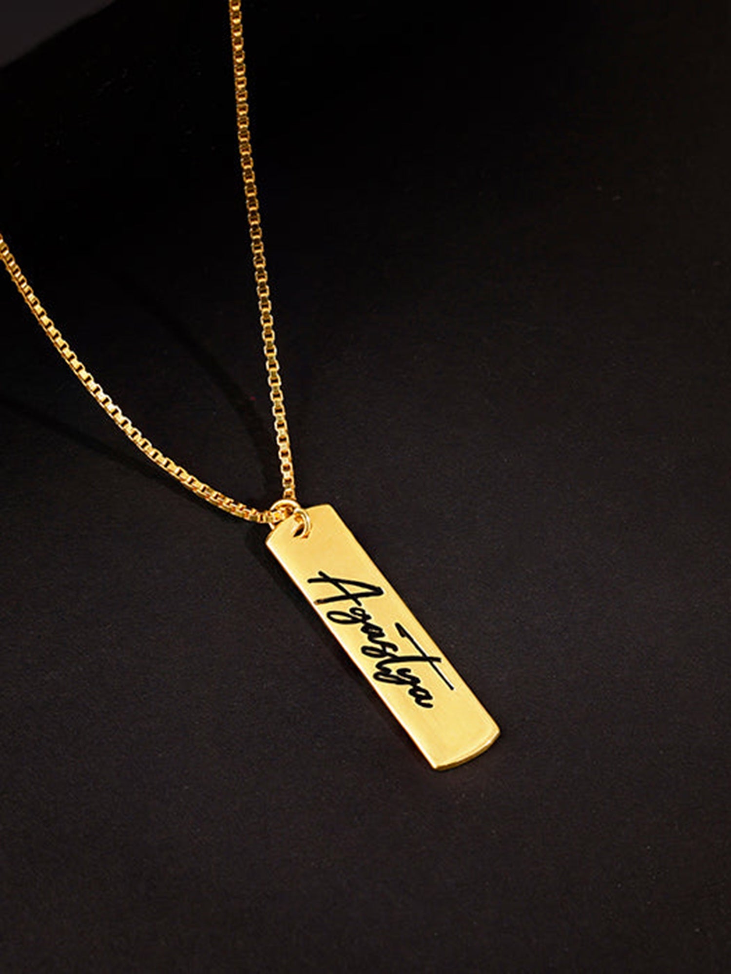 Golden Personalised Vertical Bar Name Pendant with Box Chain For Him