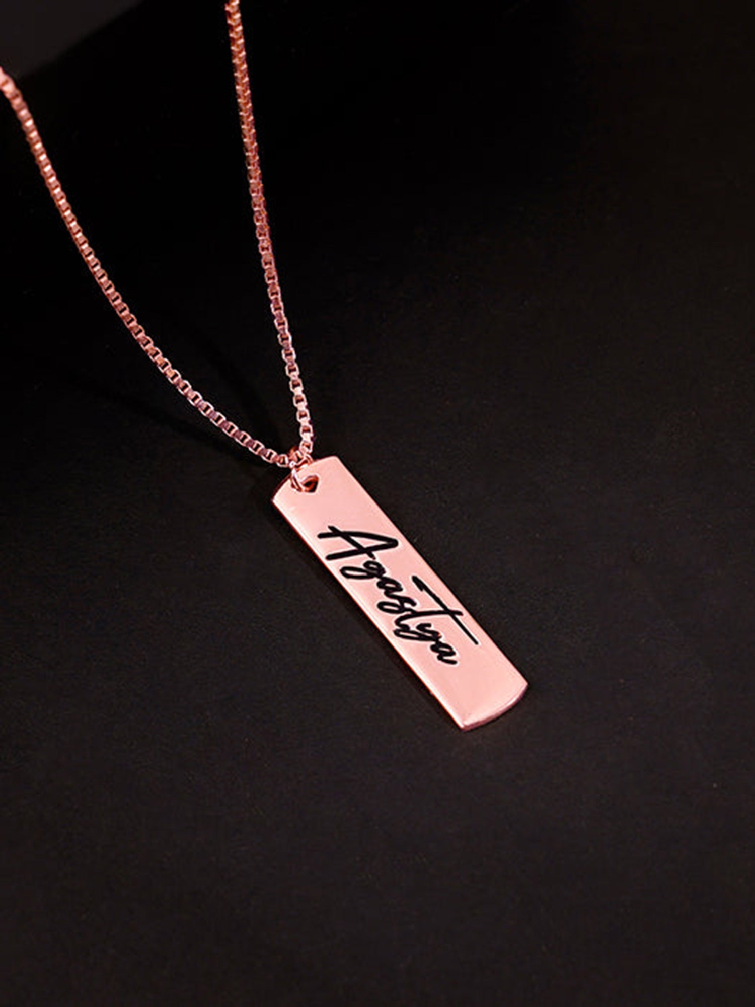 Rose Gold Personalised Vertical Bar Name Pendant with Box Chain For Him