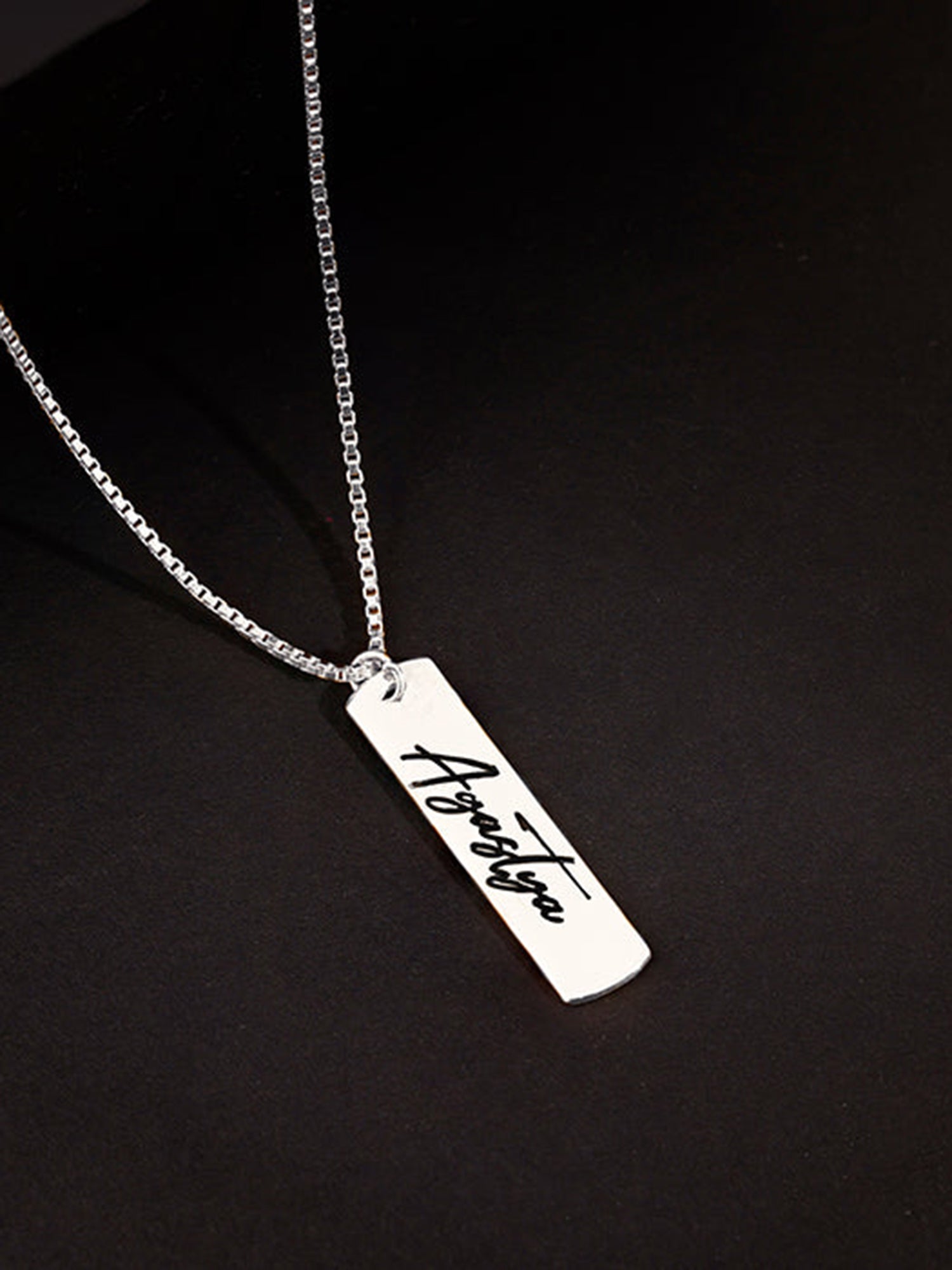 Silver Personalised Vertical Bar Name Pendant with Box Chain For Him