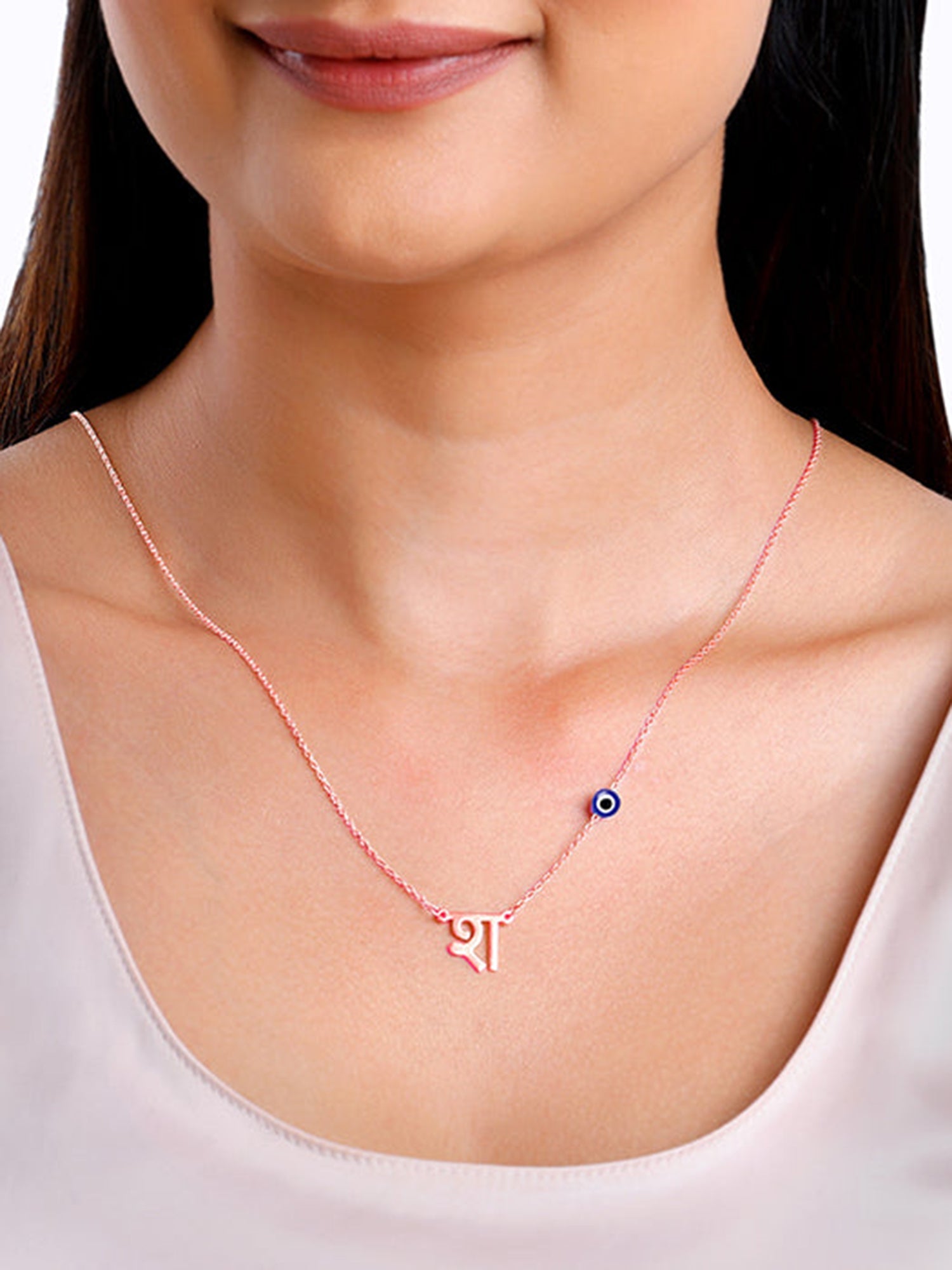Rose Gold Personalised Hindi Initial Evil Eye Necklace