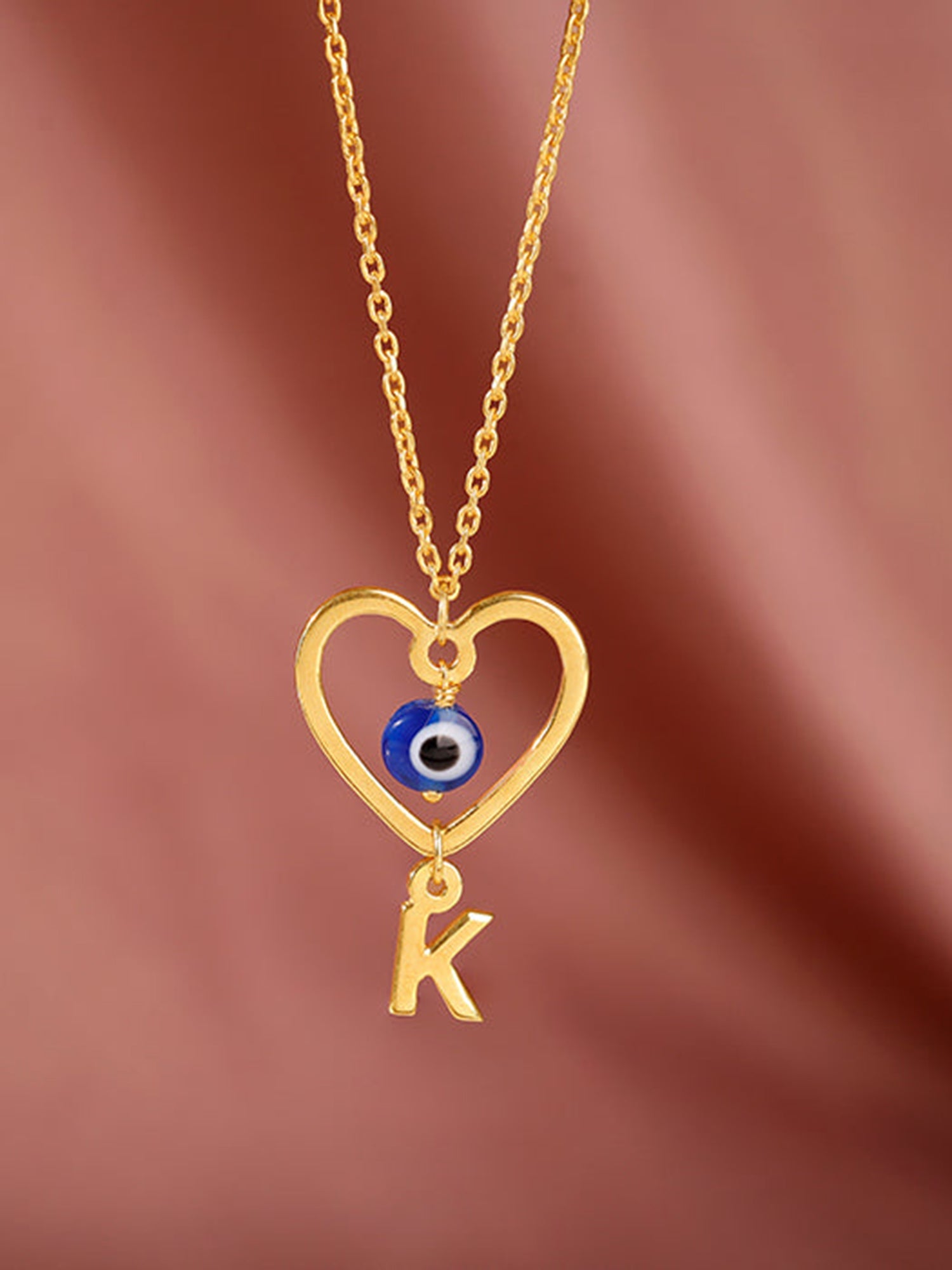 Golden Personalised Evil Eye Heart Initial Pendant