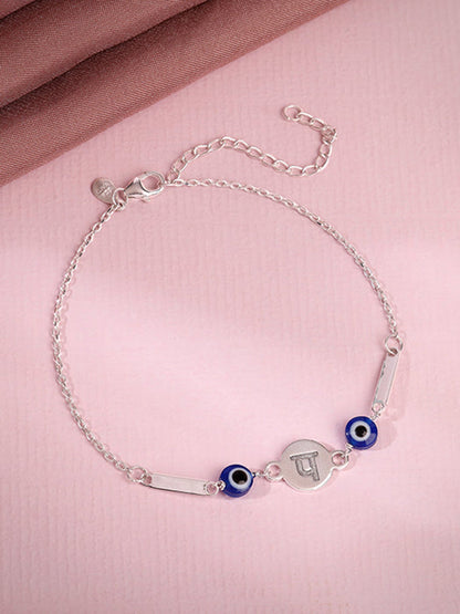 Silver Hindi Initial Evil Eye Bracelet