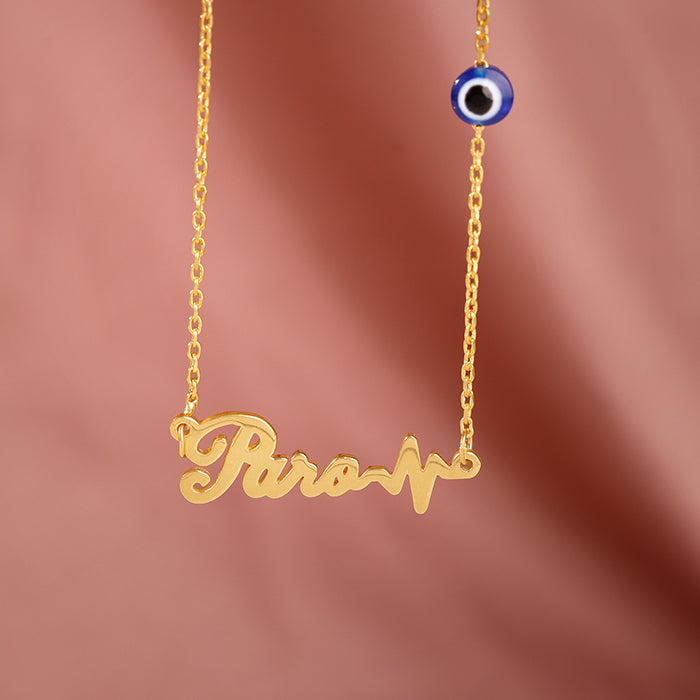 Golden Personalised Evil Eye Heartbeat Necklace