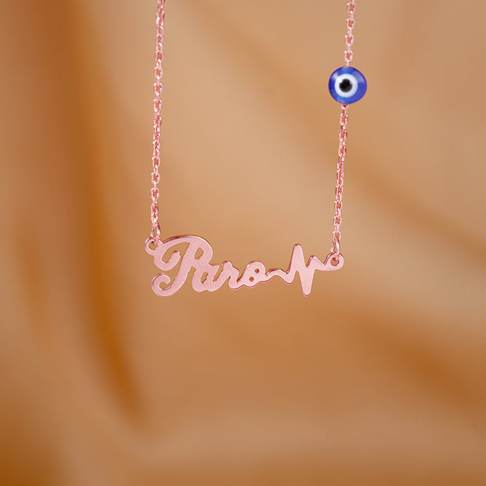 Rose Gold Personalised Evil Eye Heartbeat Necklace