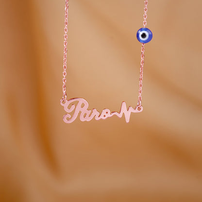 Rose Gold Personalised Evil Eye Heartbeat Necklace