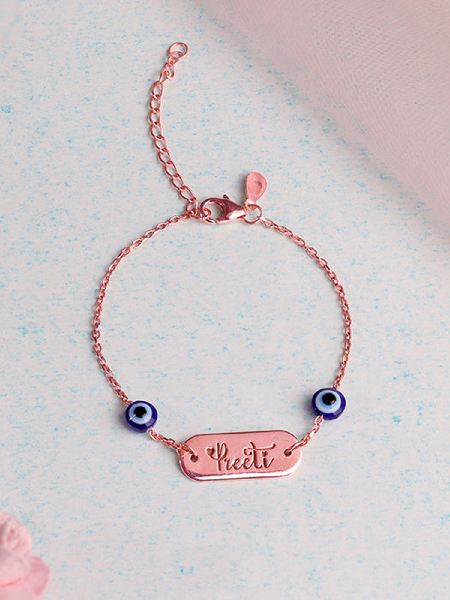 Rose Gold Personalised Evil Eye Name Bracelet