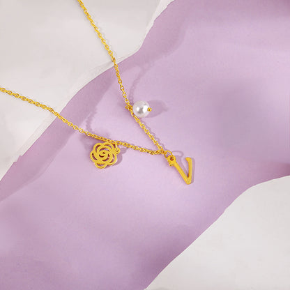 Golden Personalised Pearl Rosey Necklace