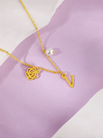 Golden Personalised Pearl Rosey Necklace