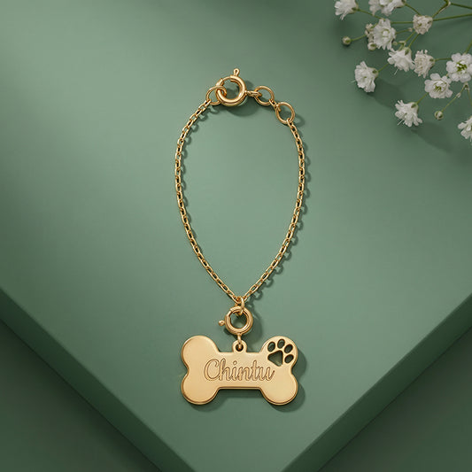 Golden Personalised Paw Print Bone Pet Charm