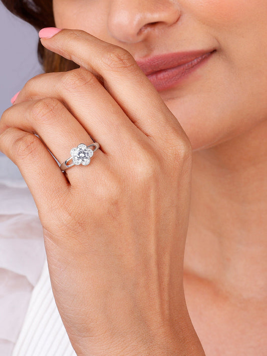 Silver Zircon Flower Ring