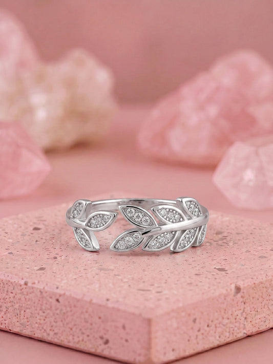 Silver Zircon Leaf Ring