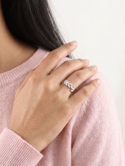 Silver Zircon Leaf Ring