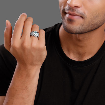 Oxidised Silver Aqua Shine Ring For Him