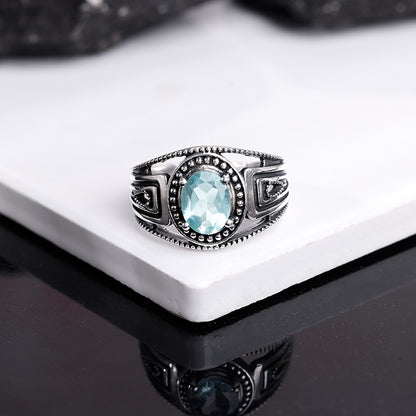 Oxidised Silver Aqua Shine Ring For Him