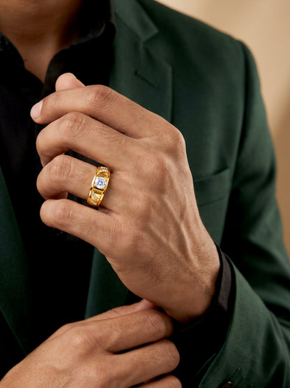 Golden Zircon Ornate Ring For Him