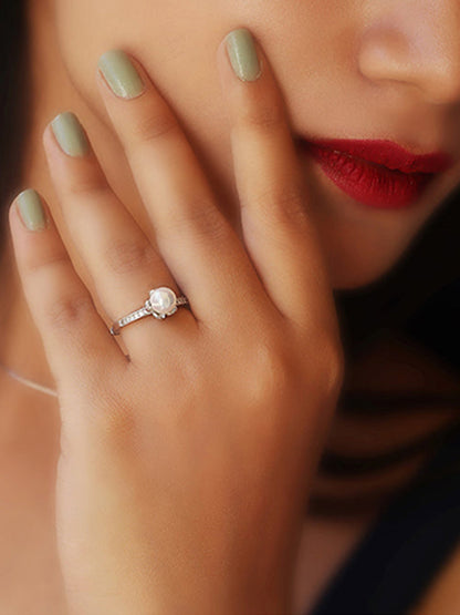 Silver Pearl Flower Ring
