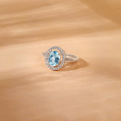 Silver Halo Blue Topaz Ring