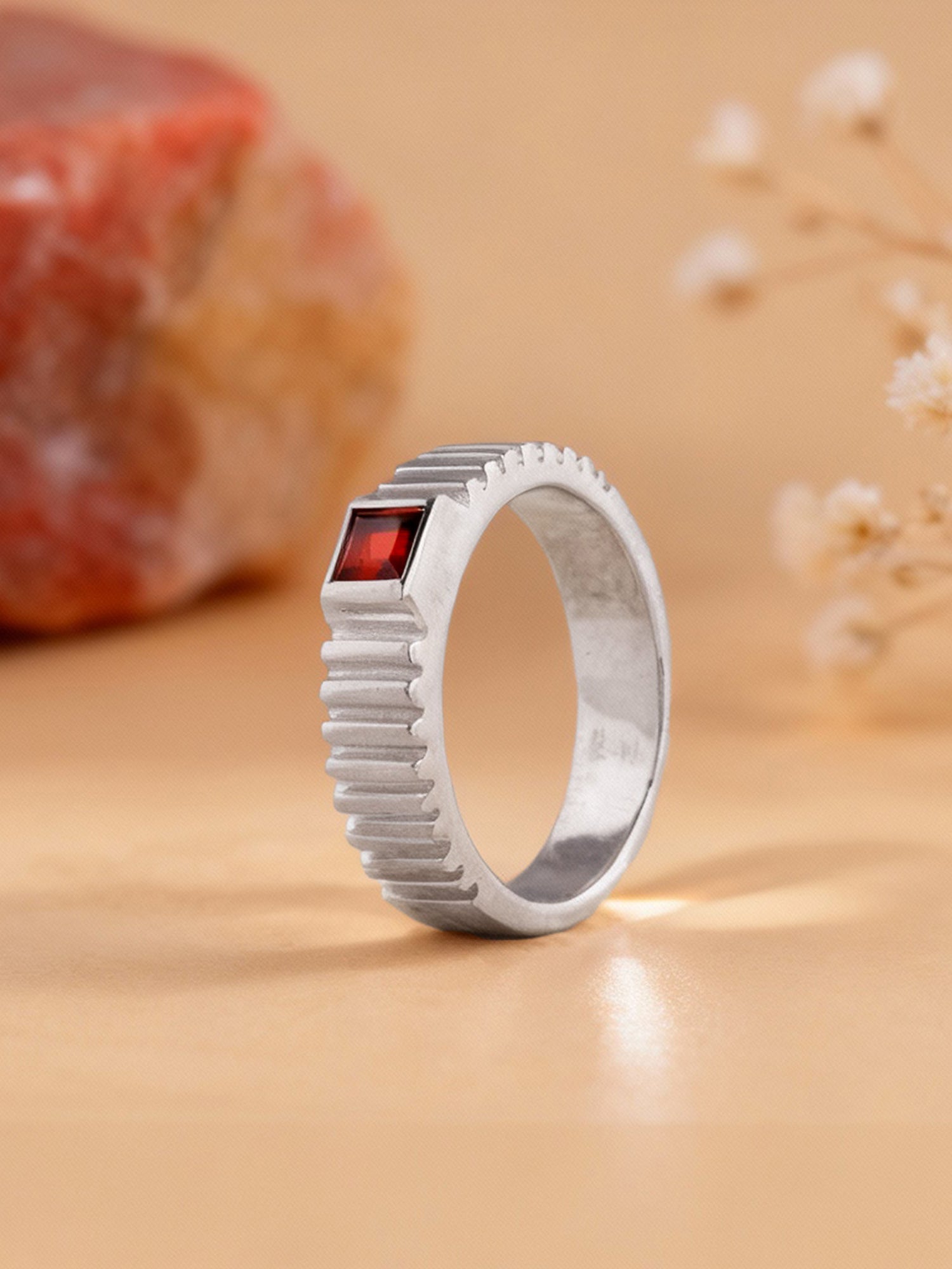 Silver Cog Garnet Ring For Him
