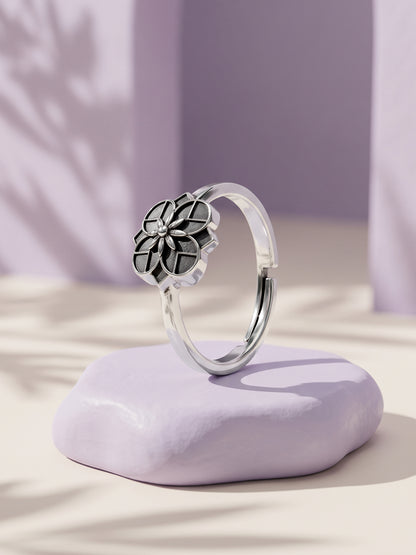 Oxidised Silver Rhodos Floral Ring (Size 12)