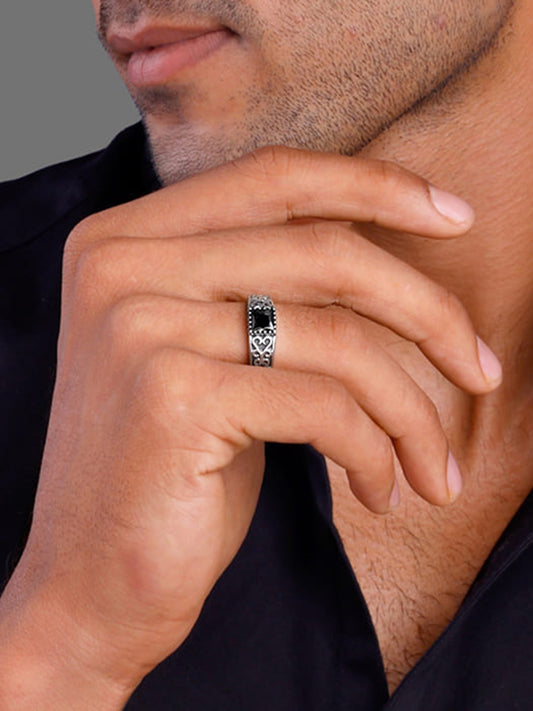 Silver Black Stone Ring For Him