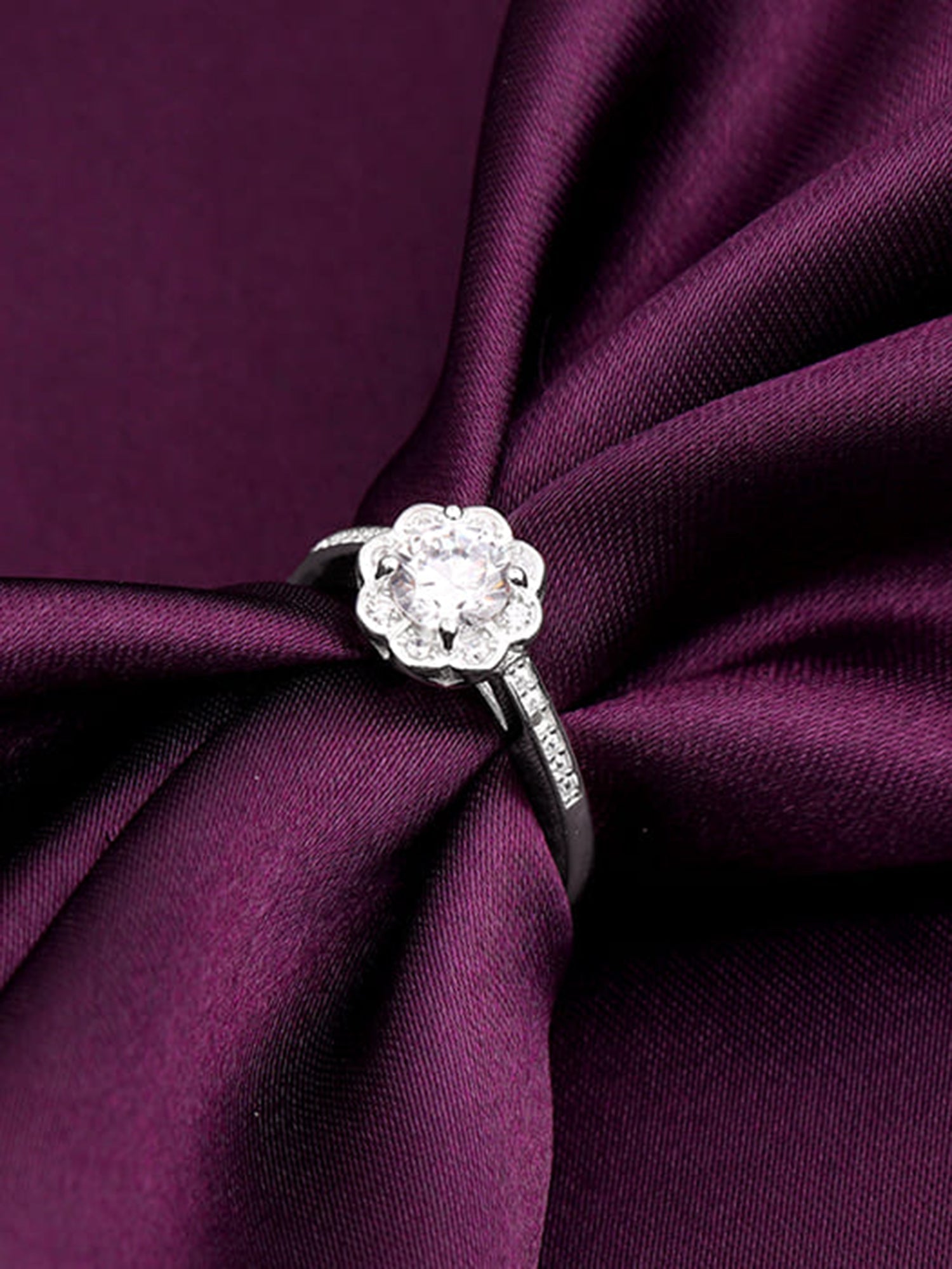Silver Zircon Flower Blossom Ring