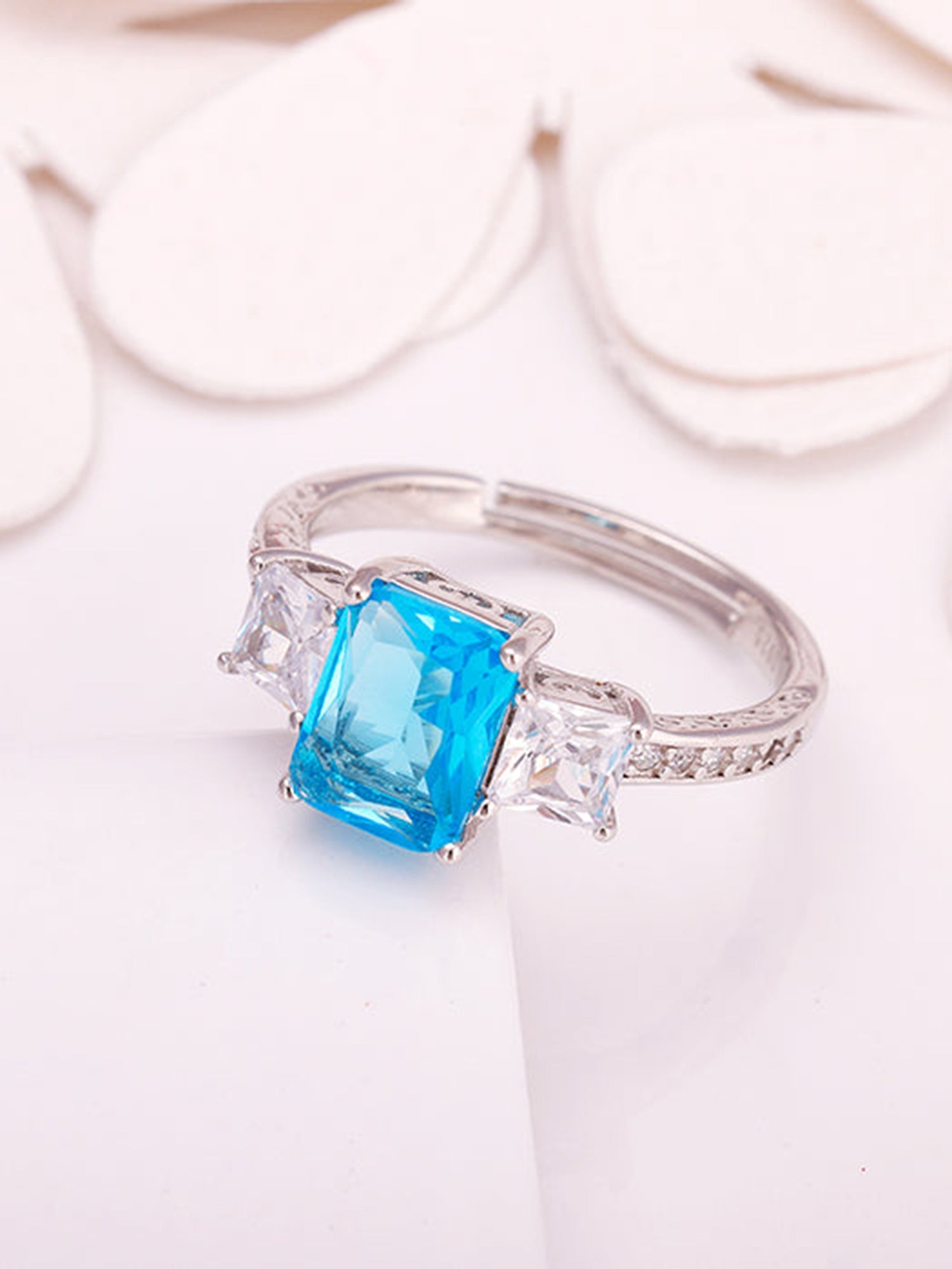 Silver Aqua Blue Baguette Ring
