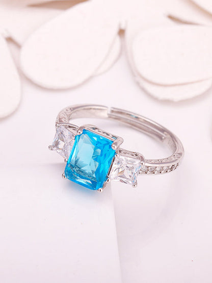 Silver Aqua Blue Baguette Ring
