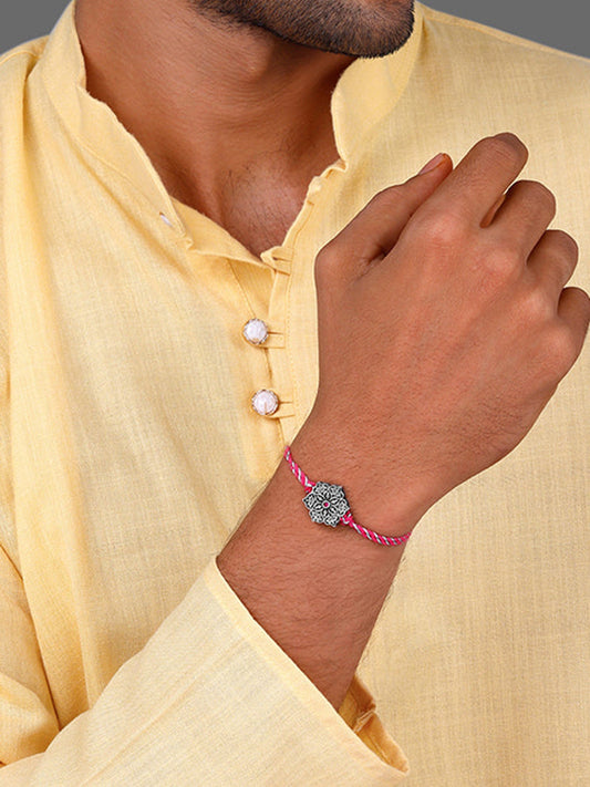 Oxidised Silver Pink Flower Rakhi