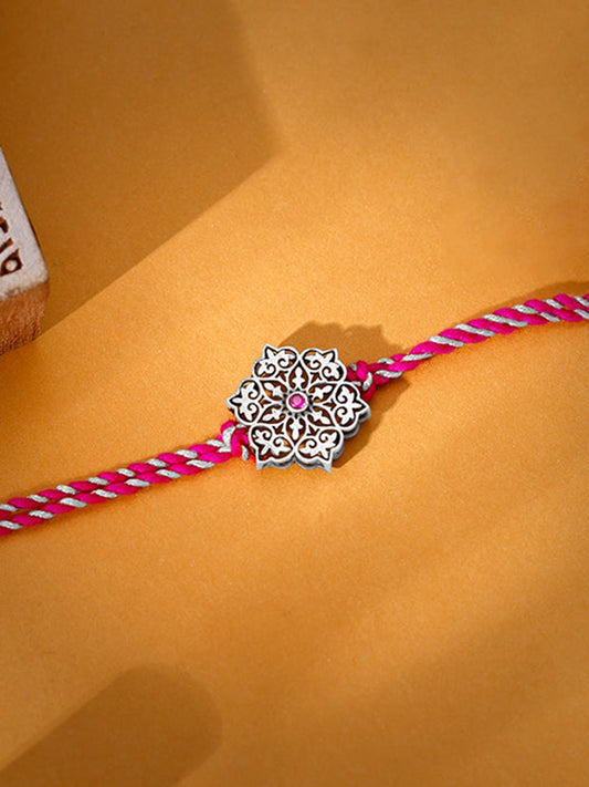 Oxidised Silver Pink Flower Rakhi